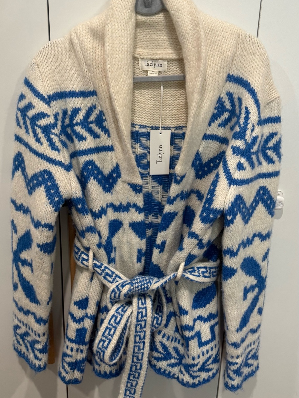 Super cozy Cream and Blue Shawl Collar Belted Sweater